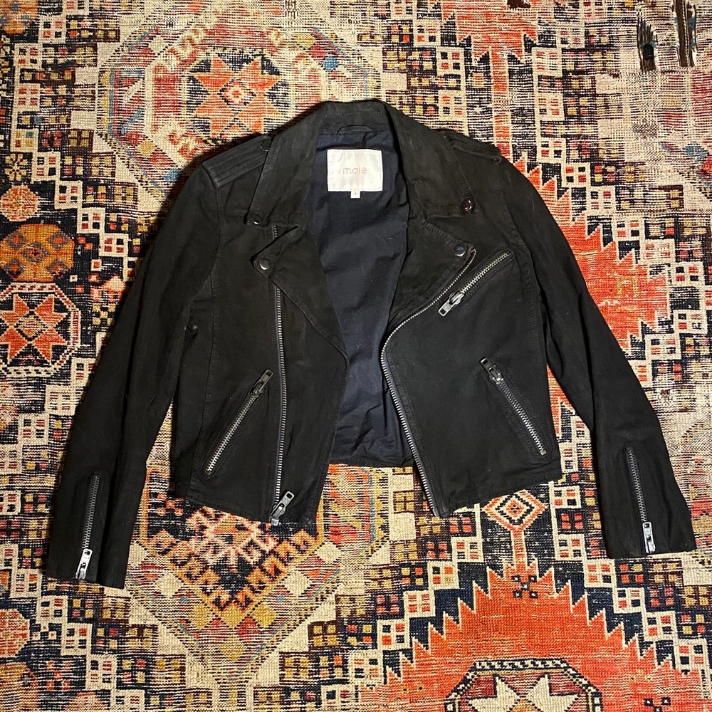 Maje E11 Exit Black Goat Suede Fitted Cropped Leather Biker Jacket